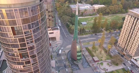 Slow Drone Shot Bell Tower Perth CBD Elizabeth Quay Stock Footage 220417713