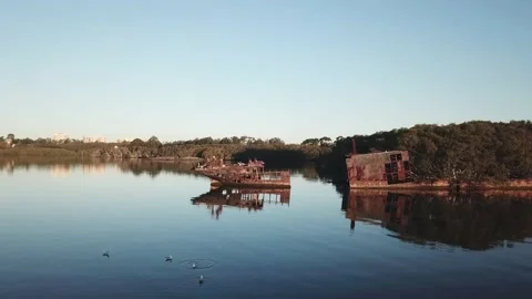 Slow drone tracking shot of shipwreck ss ayrfield parramatta river 스톡 동영상 131830211