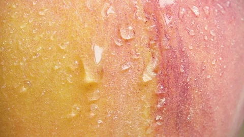 Slow drops flow down the peach skin close-up Stock Footage