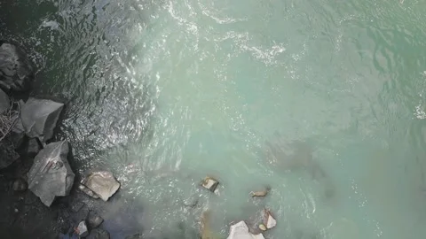 Slow flight over a fast mountain river , blue cold water in a mountain river Stock Footage 230997352