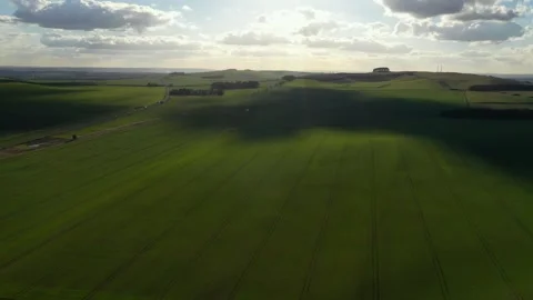 A slow flight over the newly germinated fields in Wiltshire with the chalk downs Stock Footage 303250831