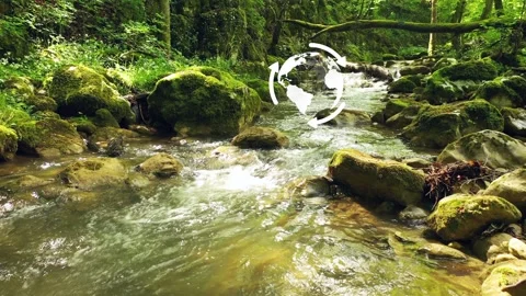 Slow fly above sunny forest river with ecology earth globe animation Stock Footage 340590328