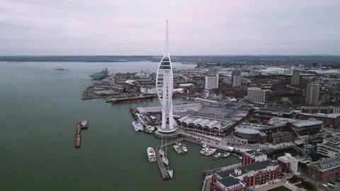 Slow fly away from tower and water front Stock Footage 234926983