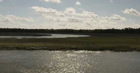 Slow fly over wide river and green marsh grass Stock Footage 107284550