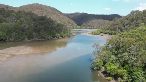 Slow fly over wide slow river with clear reflection of clear sky Stock Footage 275541692