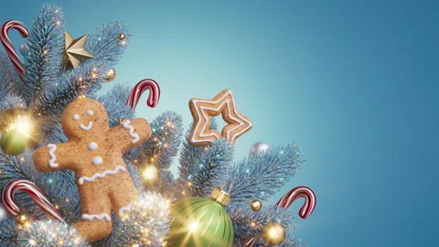 Slow fly through past gingerbread, stars, and baubles nestled in blue pine Stock Footage 318421209