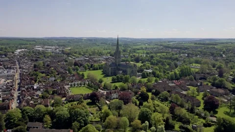Slow fly towards Cathedral daytime Salisbury Stock Footage 280434331