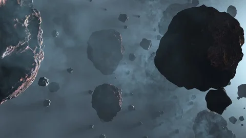 Slow Flying between many Asteroid rocks inside a light blue fog with a star c Stock Footage 108648130