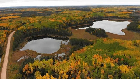 Slow flying drone over two calm lakes with clouds reflecting in the water. Stock Footage 116731485