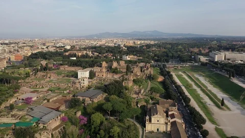 Slow flyover Circus Maximus and Roman Forum Stock Footage