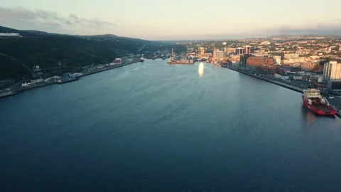 A slow flyover of St. John's harbour Stock Footage 214429126