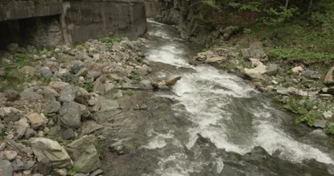 Slow focus shift reveal of a river in the mountains Stock Footage 241808044