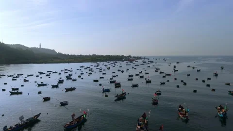 Slow Forward Drone Flight Over Fishing Boats at Sunrise in Da Nang Bay Stock Footage 340487395