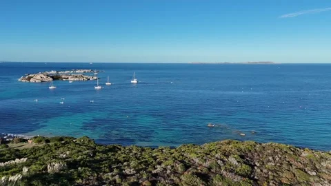 Slow Forward Drone Flight Toward Open Sea Over Coastal Landscape in Sard Vídeo Stock 333052250