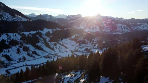 Slow forward flight over alpine treetops with clear view of mountain range Video stock 167983245