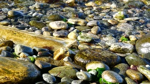 Slow, gentle waves breaking on a clean pebble beach on a sunny day Stock Footage 140512590