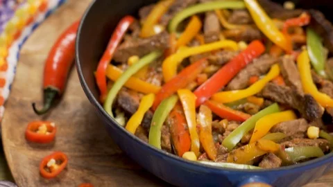 Slow Glide Across the Table with Delicious Mexican Beef Fajitas and Tacos. Close Stock Footage 125323133