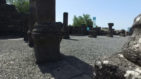 Slow Glide by Old Pillars in Ruined Synagogue Stock Footage 77703965