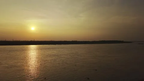Slow Left Pan Revealing the Sunset Over the Padma Gorai Confluence. Stock Footage 337980748