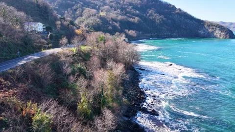 Slow Low Aerial Approach Toward Coastal Shoreline Over Blue Sea Stock Footage 342959678