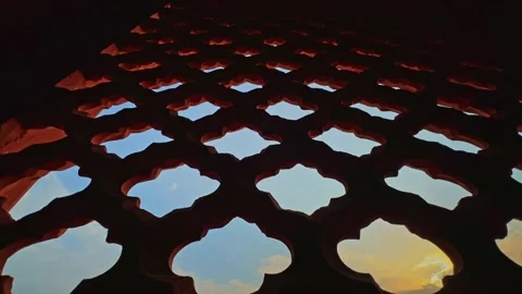 Slow Low Angle Tracking Shot Beneath Intricately Carved Indian Stone Jali Window Stock Footage 340183493