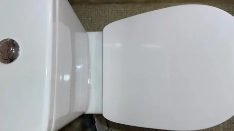 Slow lowering lid on a floor-mounted toilet, close-up Stock Footage 335397544