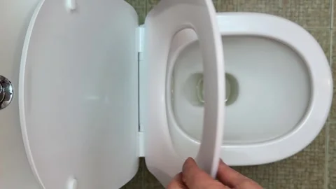 Slow lowering of seat and lid on floor-mounted toilet Stock Footage 335395767