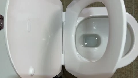 Slow lowering of seat on floor-mounted toilet, close-up Stock Footage 335397531
