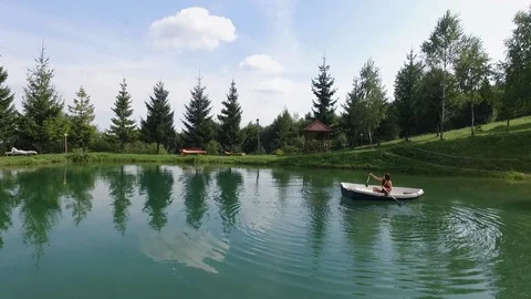 Slow Mo aerial shot flying drone peaceful vacation mountains, woman enjoy Stock Footage 110816396
