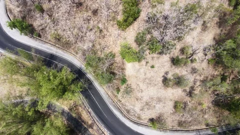 Slow mo bird eye view serpentine road curving through dry terrain. Stock Footage 344992236