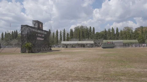 Slow-Mo Children Running Out of Riding Tanks and Armored Vehicles Stock Footage 66492850