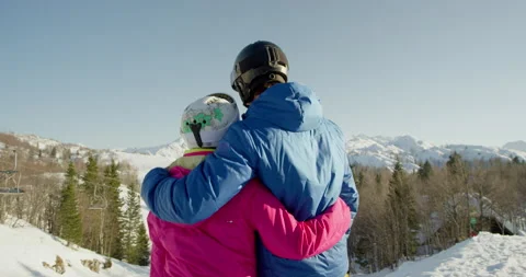 Slow Mo Of Couple Hugging While Looking At The Mountains Stock Footage 140119169
