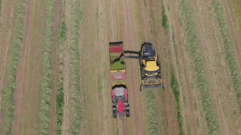 Slow-Mo Front View of Harvester and Tractor in Hay Field Stock Footage 309268222