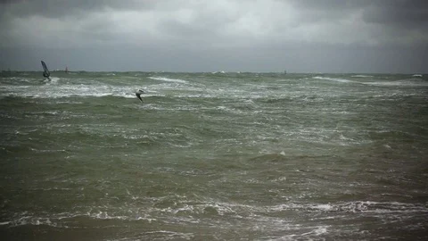 Slow mo the gull hovers above the raging sea Stock-Footage 82175055
