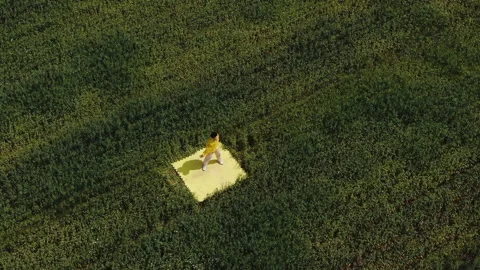 Slow-mo. A man is dancing in the middle of a green field. General plan of a sown Stock Footage 144826916