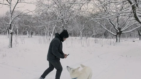 Slow-Mo: Man Photographing His Swiss Shepherd Dog In The Winter Forest Stockbeeldmateriaal 124806080