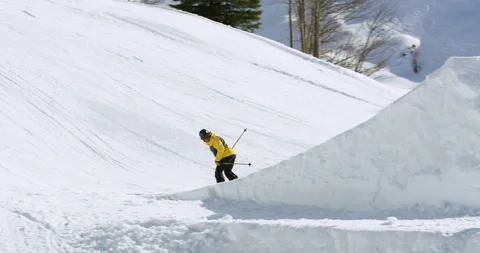 Slow Mo Of Person Skiing Backwards On Hill Stock Footage 140319706