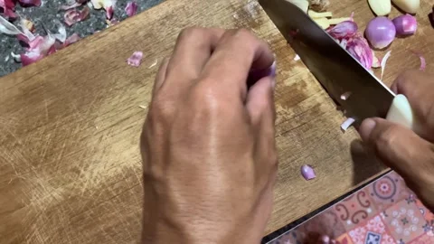Slow Mo Pov Hands Slicing Shallot With Knife On Wooden Board.-2 Stock Footage 344524124
