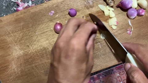Slow Mo Pov Hands Slicing Shallot With Knife On Wooden Board. Stock Footage 344524183