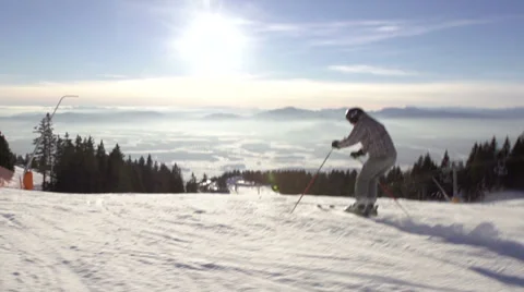 Slow-Mo: Skier Carving Down The Slope With Spectacular View Stock Footage 34521510