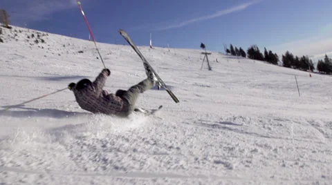 Slow-Mo: Skier Falling Down On Ski Track Stock Footage 34522189