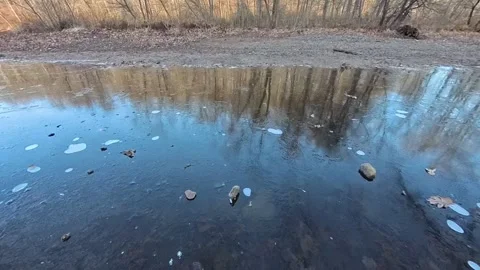 Slow-mo throwing a rock into a frozen river 動画素材 294706832