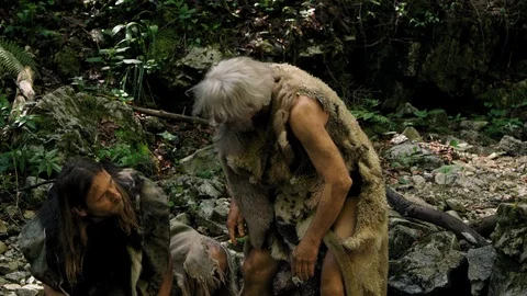 Slow Mo Two Prehistoric Men Shout From Happiness Stock Footage 113394008