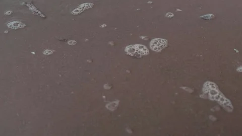 Slow mo water bubbles moving across sandy beach from sea tide Stock Footage 132540770