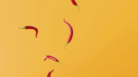 Slow motion 3D animated video of red chilies falling from above Видео 263860182