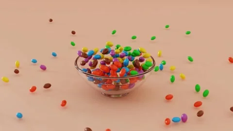 Slow motion 3d animation video of colorful chewing gum falling into a glass Stock Footage 237316667