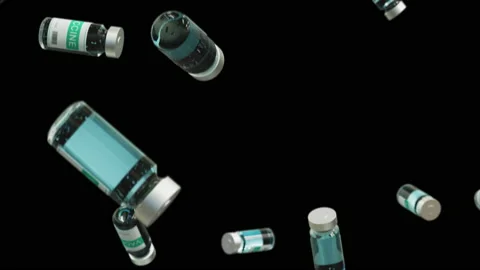 Slow-motion. 3d render. Flying of vials with luma matte. Concept of medical Stock Footage 149266646