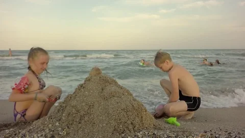 Slow motion. 4K Children Playing On Seashore, Summer View. Stock-Footage 78994134