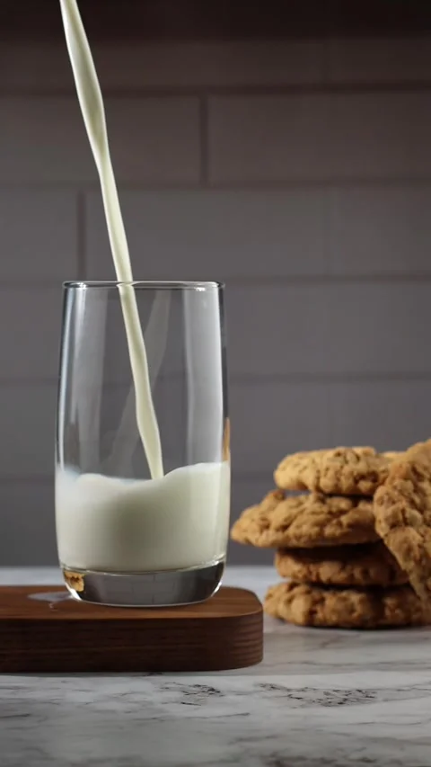 Slow Motion 4K Milk Pouring into Glass with Cookies on Wooden Stand Stock Footage 288952956