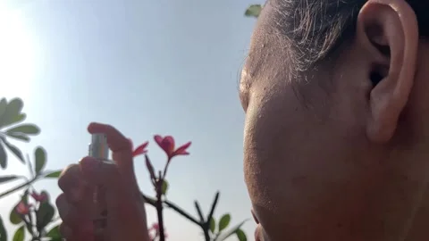 Slow Motion 4K Over the Shoulder of Young Woman Spraying Face Mist Summer Stockbeeldmateriaal 337645236